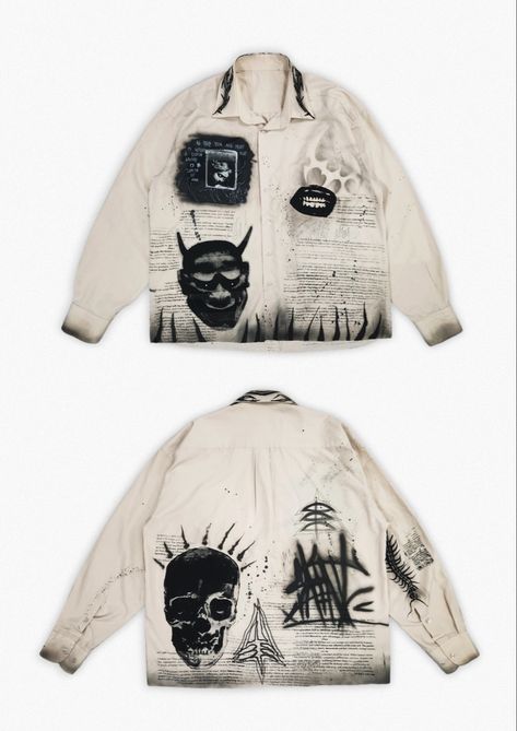 Custom hand painted and screen-printed 90s oversized gothic shirt Cool Shirt Designs Men, Oversized Jacket Pattern, Painted Apparel, Paint Clothing, Clothing Collage, Denim Paint, Weird Style, Jacket Art, Cool Shirt Designs