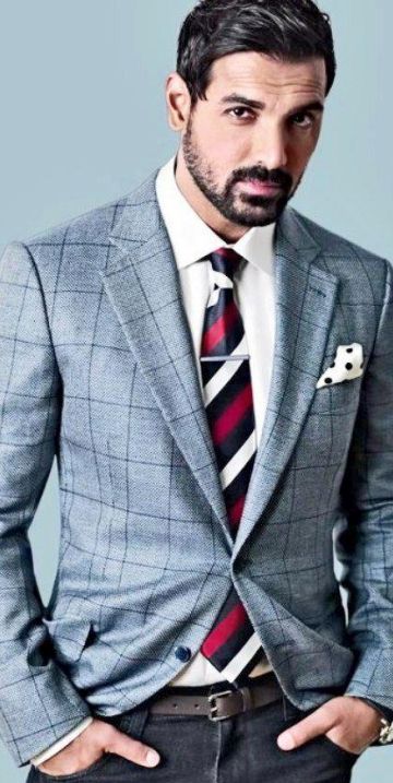 Sophisticated tie bar and blue red tie look Grey Suit Combinations, Indian Bollywood Actors, Suit Combinations, John Abraham, Actor John, Dapper Gentleman, Mens Style Guide, Sharp Dressed Man, Indian Bollywood