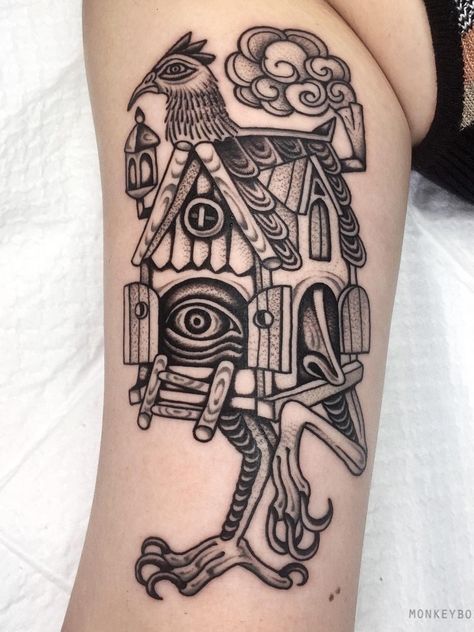 Irish Folklore Tattoo, Southern Gothic Tattoo Ideas, Baba Yaga House Tattoo, Baba Yaga Tattoo, Tattoo Prep, Babayaga Tattoo, Dark Feminine Tattoos, Goth Tattoos, Bold Tattoo