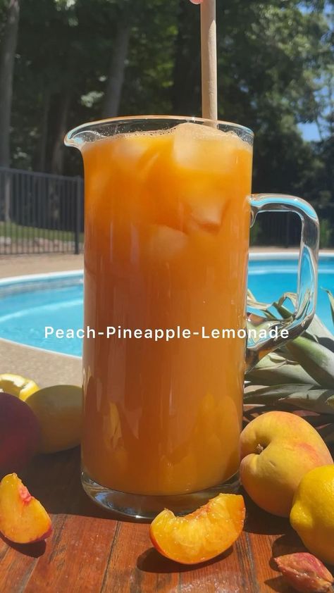 Pin on Juicing recipes Drinks Nonalcoholic, Pineapple Lemonade, Drink Recipes Nonalcoholic, Summertime Drinks, Lemonade Recipe, Refreshing Drinks Recipes, Peach Juice, Healthy Juice Recipes, Healthy Teas