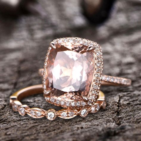 5.25 Carat 10mm Cushion Floral Engraving Style Morganite Wedding Ring Set 10k Rose Gold Vintage Look Anniversary Gift. This beautiful engagement ring features highest grade VVS Morganite. The ring is set in solid 10k Rose Gold setting. The ring can be made in 10k, 14k or 18k White Gold or Yellow Gold setting. The ring is a classic design which is affordable and handmade with precision and quality craftsmanship by our experienced jewelers. We can make this ring between sizes from 3.5 to 11. For a Rose Gold Engagement Ring Set, Morganite Wedding Rings, Rose Gold Morganite Ring, Fancy Rings, Yellow Gold Setting, Morganite Ring, Beautiful Engagement Rings, Ring Set, Rose Gold Engagement Ring