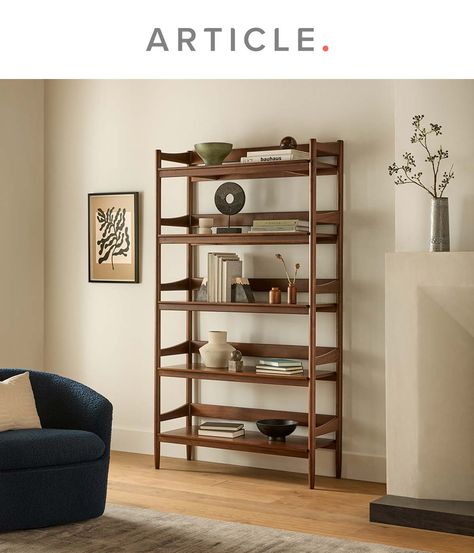 Hot tip: You don't actually have to have a large book collection to look well read. Let the Cotu do the heavy lifting for you. A total mid-century modern looker, it's like the scholar of bookcases, minus the whole degree thing. Made of solid and veneered walnut wood, the Cotu supports your book collection in whatever stage it's at, plus your decorative vases will look just as studious up there. Bookshelf Design Modern, Midcentury Modern Bookshelf, Mcm Bookshelf, Modern Bookshelf Styling, Horizontal Bookshelf, Modern Bookcase Design, Mid Century Modern Hutch, Mid Century Modern Living Room Design, Mid Century Bookshelf