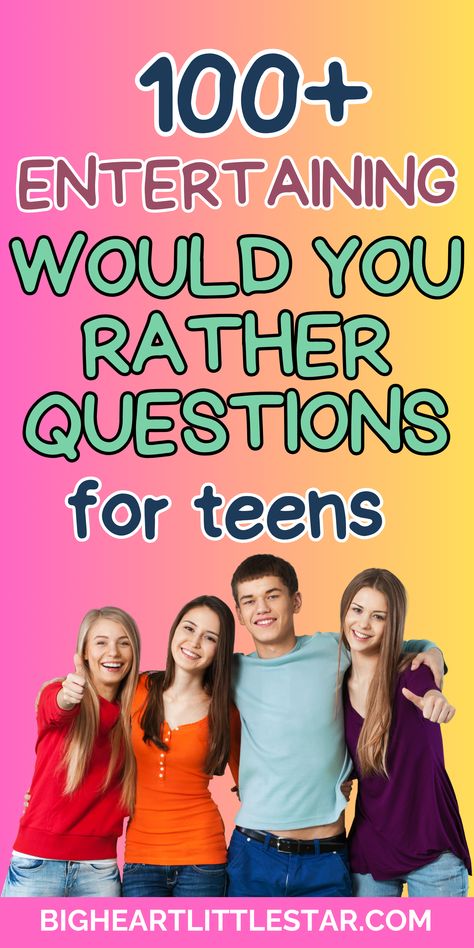 Challenge your friends with these would you rather questions that are both fun and engaging. These questions are perfect for teens at sleepovers, parties, or youth group activities. Whether you're looking for light-hearted fun or something a bit more interesting, these questions are perfect for breaking the ice. Would You Rather Questions For Teens, Teen Ice Breaker Questions, Youth Group Activities Ice Breaker For Teens, Fun Teen Party Games, Teen Ice Breakers, Group Activities For Teens, Questions For Teens, Anti Bully Quotes, First Day Of High School, Sleepover Party Games, Toddler Party Games