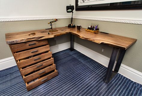 Fly Tying Desk with live edge Live Edge Computer Desk, Live Edge Corner Desk, Live Edge Desk With Drawers, Fly Tying Desk Ideas, Live Edge Desk Ideas, Fly Tying Room, Live Edge Desk Office, Fly Tying Station, Live Edge Wood Desk