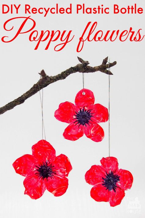 DIY Recycled Plastic Bottle Poppy Craft.  This simple poppy craft is a perfect remembrance day activity Plastic Bottle Poppies, Crochet Poppies, Poppy Crafts, Poppy Craft For Kids, Diy Recycle Plastic, Can Flowers, Remembrance Day Activities, Remembrance Day Art, Poppy Craft