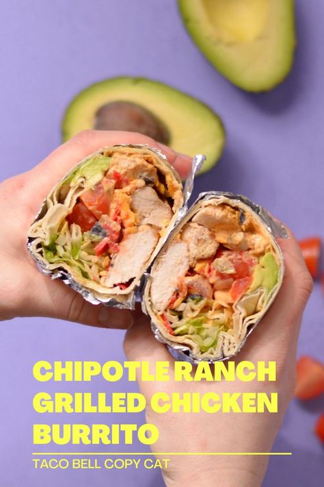 This Chipotle Ranch Grilled Chicken Burrito is a Taco Bell copycat that is crazy easy to make at home. Loaded with flavorful chipotle ranch, juicy tomatoes, and smoky grilled chicken you may never hit that Tbell drive through again! It's great for meal prep or for a family dinner everyone will love. Chipotle Ranch Grilled Chicken Burrito, Taco Bell Chicken Burrito, Chipotle Ranch Chicken, Taco Bell Food, Chipotle Tacos, Chicken Chipotle, Burrito Recipe Chicken, Taco Bell Copycat, Chipotle Burrito