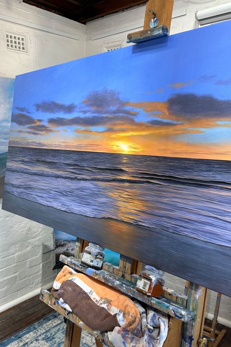 Seascape painting Oil Sunset Painting, Sunset Seascape Painting, Sea Sunset Painting, Sunset Drawing, Sunset Paintings, Beginners Acrylic Painting, Beautiful Paintings Of Nature, Beach Sunset Painting, Painting On Canvas For Beginners