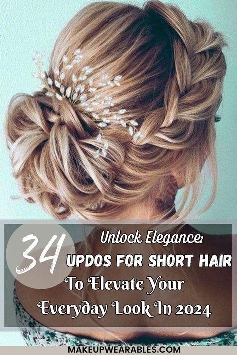 Updos For Short Hair To Elevate Your Everyday Look Elegant Hair For Short Hair, Up Do For Shorter Hair, Short Hair Hairdos For Wedding, Short Hair Curly Updo, Up Do For Short Hair Wedding, Wedding Hair Ideas For Medium Length, Short Updo Hairstyles Wedding, Holiday Party Updo, Short Fine Hair Updo