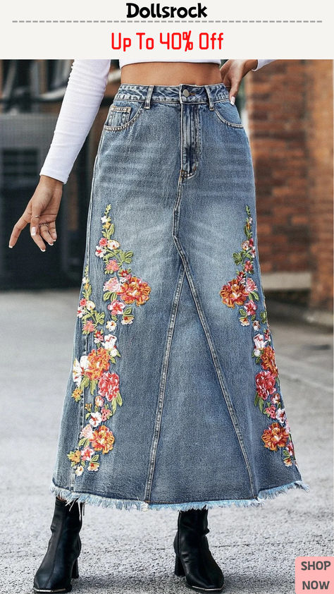 Vintage A- Line Denim Skirt Embroidered Skirt Loose Slim Look Jeans Bordados, Recycling Jeans, Apostolic Outfit, Girls Denim Skirts, Tailored Fashion, A Line Denim Skirt, Denim Shorts Outfit, Denim Skirt Outfits, Denim On Denim