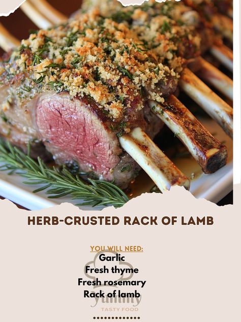 Elevate your dinner with this tender Herb-Crusted Rack of Lamb! 🐑🌿 A perfect dish for special occasions! 😋🍷" Herb-Crusted Rack of Lamb Ingredients: Rack of lamb (1, about 8 ribs) Fresh rosemary (2 tbsp, chopped) Fresh thyme (2 tbsp, chopped) Garlic (3 cloves, minced) Dijon mustard (2 tbsp) Olive oil (2 tbsp) Breadcrumbs (½ cup) Salt (to taste) Black pepper (to taste) Instructions: Preheat oven to 400°F (200°C). Season lamb with salt and pepper. In a bowl, mix rosemary, thyme, garlic, must... Rack Of Lamb Recipes, Lamb Recipes Oven, Lamb Rack Recipe, Lamb Rack, Roast Rack Of Lamb, Crusted Rack Of Lamb, Cozy Fall Recipes, Lamb Chop Recipes, Rosemary Garlic