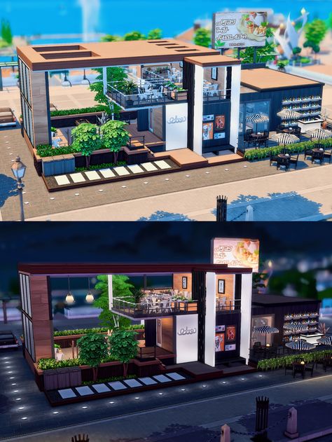 Restaurant Design Front View, Roblox My Restaurant Ideas, Restaurant Tycoon Ideas, Sims4 Restaurant Ideas, Sims 4 Restaurants Cc, Roblox Restaurant Tycoon 2 Design Ideas, Restaraunt Tycoon 2 Ideas, Ts4 Restaurant Build, Sims 4 Cc Restaurant Lot