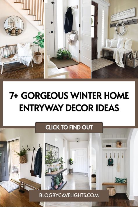 7 winter home entryway decor ideas Winter Entryway Table Decor, Decorate A Bench, Entry Nook, Comfy Rugs, Rustic Winter Decor, Entryway Decor Ideas, Home Entryway, Hallway Rugs, Foyer Table