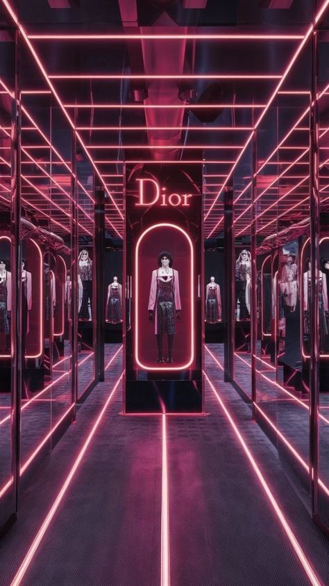 Dior Futuristic, Cyberpunk Store, Futuristic Event, Avant Garde Interior Design, Cyberpunk Interior Design, Neon Silhouette, Neon Event, Built In Booth, Cyberpunk Interior