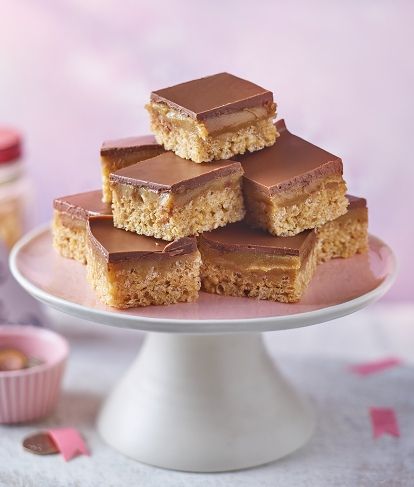 Carnation | Millionaires Rice Crispy Cakes Rice Crispy Cakes, Vegan Caramel Slice, Crispy Cakes, Rice Crispy Cake, Millionaire Shortbread Recipe, Easy Dessert Recipes Quick, Millionaire Shortbread, Caramel Slice, Vegan Caramel