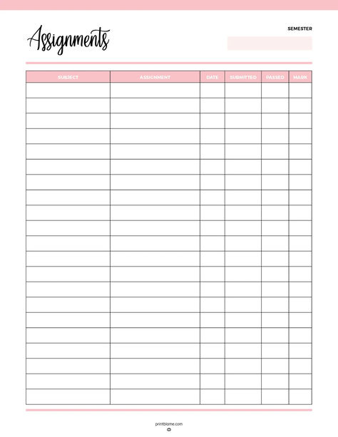 A printable school assessment tracker featuring columns for subject, assignment, due date, submission date, pass/fail status, and marks to track academic progress. School Assignment Planner, Assignment Tracker Template, Assessment Tracker, School Tracker, Homework Planner Printable, Assignment Tracker, Assignment Planner, Homework Planner, Printable School