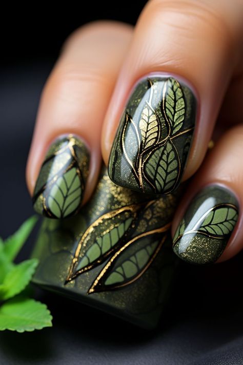 summer nails, green foliage, tropical leaves, nail art, vibrant colors, lush design, botanical-inspired, nature-themed, nail fashion, trendy style, manicure, leafy patterns, black accents, tropical vibes, creative nail design, natural beauty, botanical elegance, fresh look, summer-inspired, statement nails, botanical chic, leaf motifs, botanical glamour, green and black contrast, striking nail art, leafy manicure, bold colors, intricate details, leafy elegance, summer vibes Summer Nails Green, Leaves Nail Art, Statement Nails, Nail Parlour, Pretty Nail Colors, Sassy Nails, Glamour Nails, Creative Nail Designs, Winter Nail Art