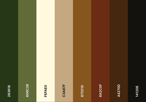 Color Swatches Earth Tones, Forest Green And Brown Color Palette, Green And Brown Palette Colour Schemes, Forest Green Palette Color, Brown Green Beige Color Scheme, Dark Green Rust Color Palette, Earthtone Pallete Color, Sage Green Brown Color Palette, Green Red Brown Color Palette