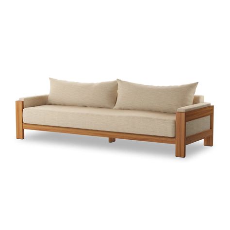 Framed by FSCÂ®-certified teak with light, natural finish, wide proportions and loose box cushioning offer effortless comfort designed for outdoor lounging. Neutral beige hue and minimalist form makes this an easy piece to move between different styles and settings. Cover or store indoors during inclement weather and w Teak Sofa, Sofa Frame, Amber Interiors, Wooden Sofa, Teak Outdoor, Comfort Design, Patio Seating, Four Hands, Neutral Beige