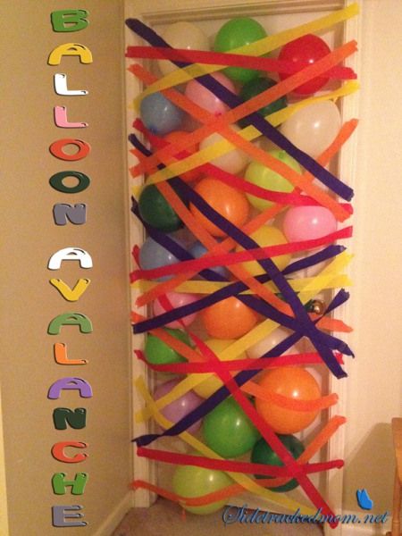 I might try this balloon avalanche for Anna's birthday this year.  Remember doing this in college with newspaper and I think popcorn... Birthday Morning, Ideas Birthday, Birthday Surprise, Birthday Fun, The Balloon, Holidays And Events, When He, Kids Birthday Party, The Door