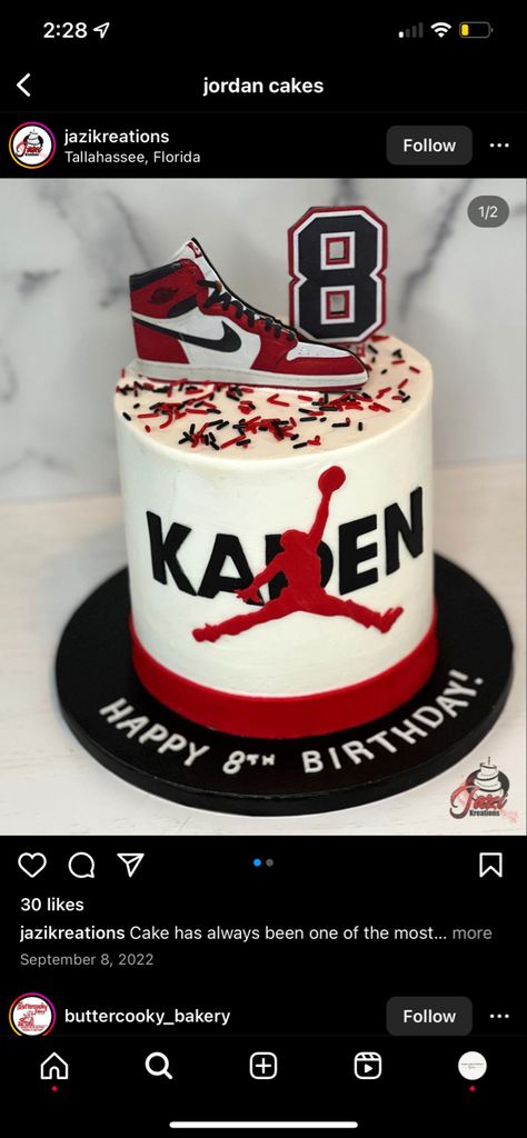 Sneaker Cake Ideas Air Jordans, Jordan Decorations Birthday Parties, Nike Jordan Cake Birthday, Jordan 1 Birthday Cake, Michael Jordan Birthday Cake, Jordans Birthday Theme, Nike Themed Cake, Cake For 12 Year Boy, Jordan Year Birthday Cake