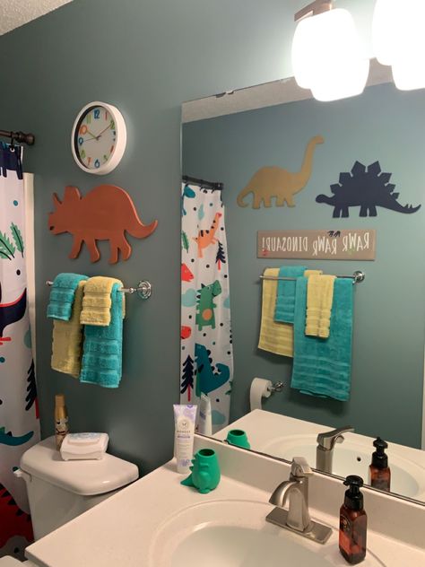 Dino, Dinosaurs, Kids Bathroom Dino Themed Bathroom, Diy Dinosaur Bathroom Decor, Dinosaur Theme Bathroom, Dinasour Bathroom Ideas, Boy And Girl Bathroom Ideas For Kids, Dino Bathroom Decor, Small Kid Bathroom Ideas, Dino Bathroom Ideas, Dinosaur Themed Bathroom