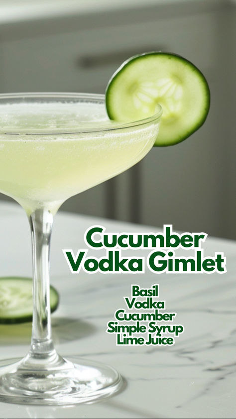 Cucumber Vodka Gimlet Basil Cucumber Cocktail, Cucumber Gimlet Vodka, Vodka Cucumber Cocktail, Cucumber Lime Vodka Drinks, Acotar Drinks, Cucumber Martini Recipe, Vodka Gimlet Recipe, Cucumber Cocktails, Cucumber Vodka Drinks