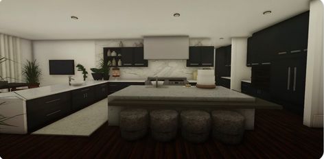 Blockburg Kitchen Ideas Big, Bloxburg Dark Kitchen, Bloxburg Modern House Kitchen, Large Bloxburg Kitchen, Bloxburg Large Kitchen Ideas, Dark Modern Kitchen Bloxburg, Big Modern Kitchen Bloxburg, Bloxburg Kitchen Ideas Modern Realistic, Boo Burg Kitchen Ideas