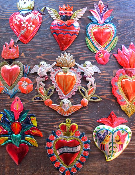 Dia de los Muertos (Mexican Day of the Dead Sacred Heart Diy Ideas, Mexican Heart Painting, Mexican Tin Art, Mexican Hearts, Mexican Tin Hearts, Sacred Heart Painting Mexican, Tin Hearts, Milagros Heart, Mexican Heart