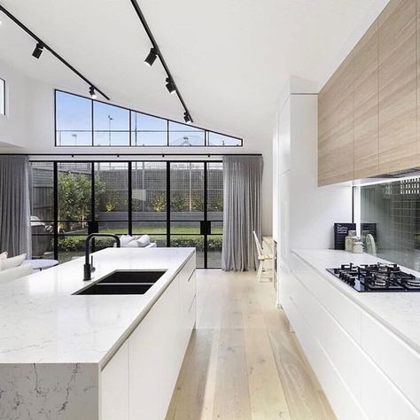 Bright beautiful kitchen 😍 #Repost @stylesourcebook ・・・ Loving the lines in this kitchen by @chisolm_construction with the raked ceiling,… Raked Ceiling Lighting, Raked Ceiling Kitchen, Kitchen Track Lighting, Black Track Lighting, Monorail Lighting, Track Lighting Kitchen, Steel Frame Doors, Raked Ceiling, Villa Project