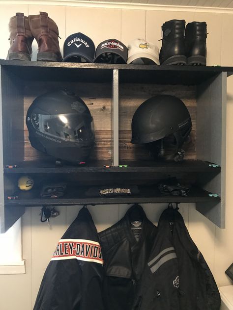 Motorcycle Room Aesthetic, Geo Aesthetic, Cabin Aesthetics, Helmet Rack, Harley Gear, Motorcycle Storage, Life Dreams, Zodiac Academy, Biker Aesthetic