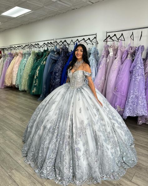 ✨New in store✨ Comes with detachable train and necklace. Glow in the dark effect. Also available to order in Lavender/ Champagne . . . . . . #misquinceaños #misquince #mis15años #quinceañera #princesabymoncheri Gray Quinceanera Dresses, Silver Quince Dresses, Silver Quinceanera Dresses, Grey Quinceanera Dresses, Sparkly Ball Gown, Aliexpress Dresses, Quince Stuff, Ball Gown Quinceanera Dresses, Quinceañera Dresses