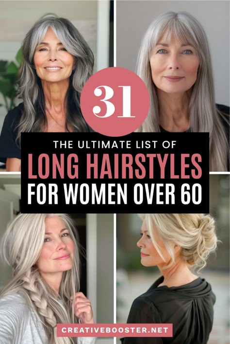 Click for More ➡️ | Save for Later ❤️  Discover the top 32 long hairstyles for women over 60 that are trending in 2024. From elegant layers and chic bobs to modern waves and flattering bangs, these styles will transform your look and enhance your natural beauty.   Whether you have fine, thick, curly, or straight hair, there's a perfect style waiting for you. Dive into our comprehensive guide and find the inspiration you need to embrace a fresh, youthful, and stylish appearance this year! Long Hair For Women Over 60 Aging Gracefully, Long Hairstyles Older Women, Best Long Hairstyles For Women Over 50, Long Gray Hair Over 60 Older Women, Over 60 Long Hairstyles, Older Women Long Hair, Haircuts For Women Over 60 Medium Lengths Long Hair, Med To Long Hairstyles For Women Over 50, Long Straight Hair Over 50