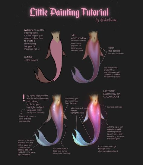 Pauline Voß on Instagram: "A little step by step 💖 share if you want more of these and on what you would like to see more tutorials. SHOW ME if you try this ✨ #DTIYS" Mermaid Tail Tutorial, Tail Tutorial, Mermaid Tutorial, Mermaid Drawings, Coloring Tutorial, Digital Painting Tutorials, Sketch Painting, Visual Development, Flat Color