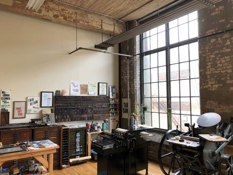 A view of our bright corner of the room in a repurposed industrial factory studio. This is where all our letterpress printing is done! Letterpress Studio, Studio Workspace, Cafe Idea, Work Shops, Design Studio Workspace, Artist Studios, Industrial Factory, Painted Ladies, Print Studio