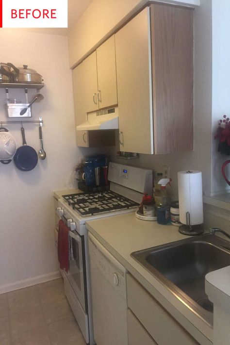 Tiny Galley Kitchen Ideas Apartment, Apartment Before And After Rental, Simple Rental Decor, Old Rental Apartment Ideas, Rental Renovations On A Budget, 1920s Galley Kitchen, Dated Apartment, Windowless Galley Kitchen, Galley Kitchen Transformation