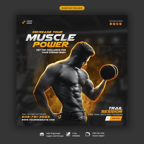 Gym Instruments, Pamplet Design, Gym Graphics, Supplement Design, Fitness Social Media, Gym Banner, Meta Ads, Gym Poster, Muscle Power