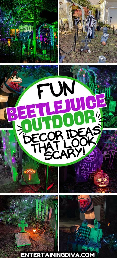 Beetlejuice Outdoor Decor Ideas For Your Halloween Yard Movie Theme Halloween Decorations, Beetlejuice Front Yard Decor, Halloween Movie Outdoor Decor, Beetlejuice Skeleton Display, Betelgeuse Halloween Decorations, Beatle Juice Trunk Or Treat, Beatle Juice Decoration, Beetlejuice Outdoor Decor, Whimsical Halloween Decorations