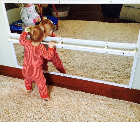 Montessori Ballet Bar, Infant Pull Up Bar Diy, Diy Montessori Pull Up Bar, Diy Montessori Mirror, Montessori Mirror And Bar, Baby Pull Up Bar, Montessori Pull Up Bar, Montessori Mirror, Diy Pull Up Bar