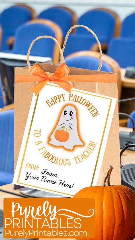 Teacher Halloween tags are FREE and instantly download! They say "Happy Halloween to a FaBOOlous Teacher" and feature a cute ghost holding an orange pumpkin. Perfect for non-food Halloween or non-candy Halloween ideas or fill it with candy or visit our website for other great Halloween ideas for teacher gifts or teacher appreciation! Free Halloween printables for educators can be an easy DIY class gift or great from one student. #PurelyPrintables #TeacherHalloweenTags #ClassHalloweenGift Free Halloween Teacher Printables, Faboolous Halloween Printable, Halloween Teacher Gift Tags Printable Free, Halloween Gift Ideas For Students, Free Halloween Gift Tag Printables, Halloween Teacher Gifts Free Printable, Diy Halloween Teacher Gifts, Halloween Gift Tags For Teachers, Halloween Teacher Appreciation Ideas