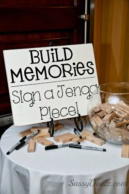 DIY wedding jenga guestbook idea. This is happening. I asked one of my aunts to get this for me. Easy Wedding, Unique Guest Book, 2025 Wedding, בר מצווה, Couple Shower, Reception Ideas, Wedding Plans, Bridal Shower Games, Here Comes The Bride