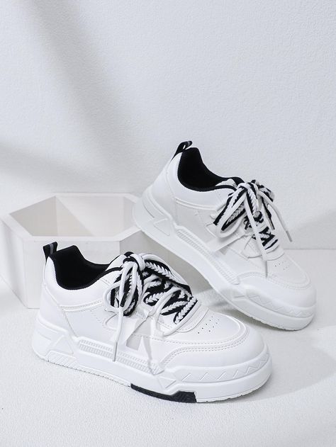 Blanc BCBG,Sport Collar   Unicolore Chaussures de skate-board Embellished  Automne,Printemps/automne,Hiver,Tout Black Sports Shoes, Casual Shoes Women Sneakers, Shein Shoes, White Sneakers Men, Timeless Shoes, Creative Shoes, Tassel Shoes, Women Casual Shoes, White Sneakers Women