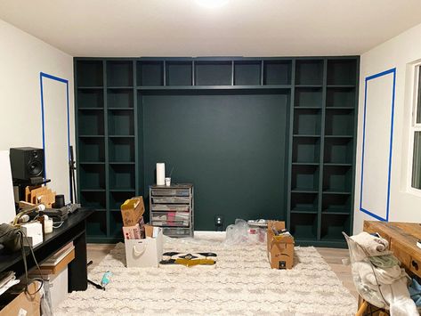 DIY Built-In Bookcase IKEA Hack — We The Dreamers Built In Ikea Bookshelves With Tv, Ikea Hack Tv Wall Built Ins, Ikea Bookcase With Lights, Bookshelves Tv Wall Ikea, Ikea Billy Bookcase Hack Built Ins Black, Ikea Built In Library Hack, Ikea Bookcase Hack Tv Consoles, Built In Shelves Hack, Fireplace In Bookcase