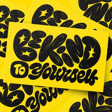 Be kind to yourself | lettering, hand lettering, scrip lettering, fun lettering Cute Text Stickers, Hand Typography Lettering, Hand Drawn Type Logo, Water Lettering, Cute Hand Lettering, Handlettered Logo, Painted Typography, Expressive Lettering, Hand Lettering Logo Design