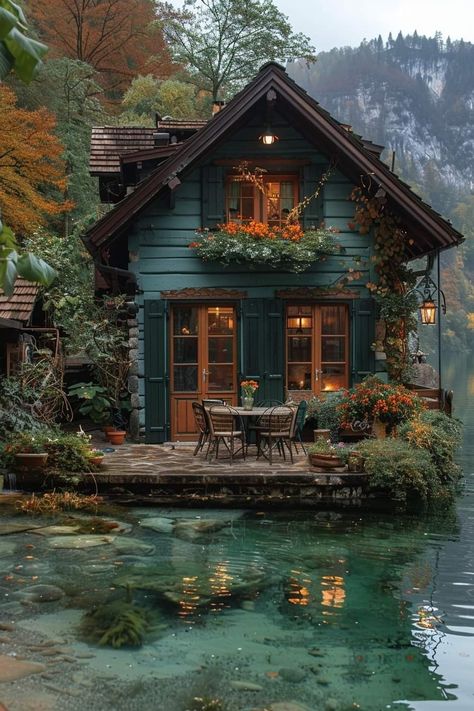 Mystical House Exterior, New England Cabin, Witch Cottage Aesthetic, Teal Cottage, Rustic Home Exterior, Cozy Cottages, Storybook Homes, Forest Cottage, Storybook Cottage