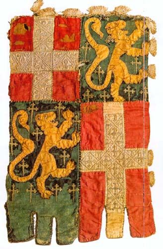 Banner with the arms of the dukes of Savoy with the family arms of de Blonays, 14th century Medieval Banner, Appliqué Work, Medieval Embroidery, Rome Antique, Empire Romain, Late Middle Ages, Medieval Life, Medieval World, Medieval Period