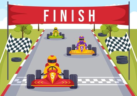 Karting Sport with Racing Game Go Kart or Mini Car on Small Circuit Track in Flat Cartoon Hand Drawn Template Illustration Car Race Illustration, Racing Car Drawing, Race Car Cartoon, Race Car Illustration, Racing Illustration, How To Draw Mario, Race Car Track, Course Automobile, Cartoon Car