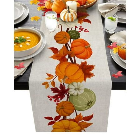 Includes: 1x linen table flag [QUALITY MATERIAL]:Our tablecloth is made of durable linen, soft and durable, protects the table surface from hot pans, scratches and spills. In addition, it doesn't shrink or fade and it's machine washable, making it a great investment. [SPRING DESIGN] Bring spring into your home with our exquisitely detailed decorative tablecloths that are sure to brighten any room. Our tablecloths are designed by professionals and are available in a variety of sizes and colors. Table Flags Size: 47x13inch, 59x13inch, 72x13inch, 79x13inch, 108x13inch.Choose the right table for the number of people that can be accommodated to better match your table and provide you with an enjoyable dining experience.Use them as eye-catching table centerpieces to ensure vibrant styles and uni Maple Leaf Table Runner, Pumpkin Table Runner, Thanksgiving Table Runner, Tafel Decor, Fall Table Runners, Runner Kitchen, Table Flag, Table Cafe, Maple Leaves