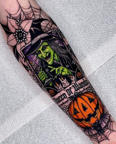 Tattoo Sleeve Themes, Skin Artwork, Spooky Lantern, Halloween Sleeve, Cute Halloween Tattoos, Halloween Tattoos Sleeve, Queen Of Wands, Themed Tattoos, Lantern Tattoo