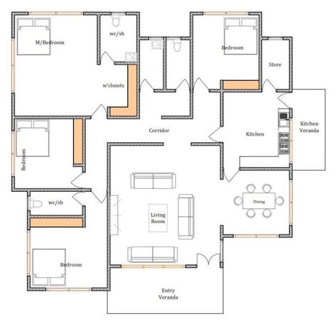 Eco House Plans, Bungalow House Floor Plans, Four Bedroom House Plans, Architectural Plan, Three Bedroom House Plan, Bungalow Style House, Bungalow Floor Plans, Modern Floor Plans, Bungalow Style House Plans