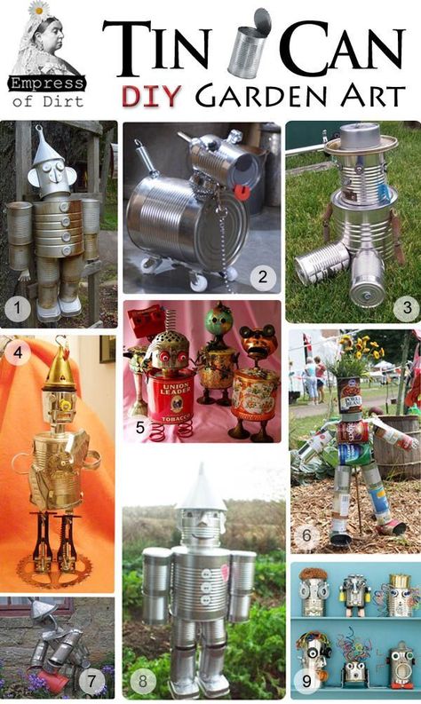 Tin Can Diy, Tin Can Man, Tin Can Art, Aluminum Can Crafts, Tin Can Crafts, Aluminum Cans, Outdoor Crafts, Tin Man, Metal Garden Art